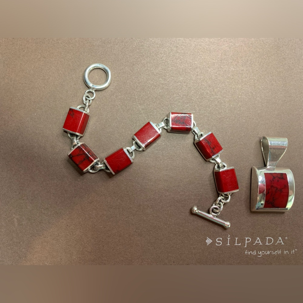 Silpada RARE Sterling Silver Red Jasper Pendant & Matching Jasper Bracelet SET
